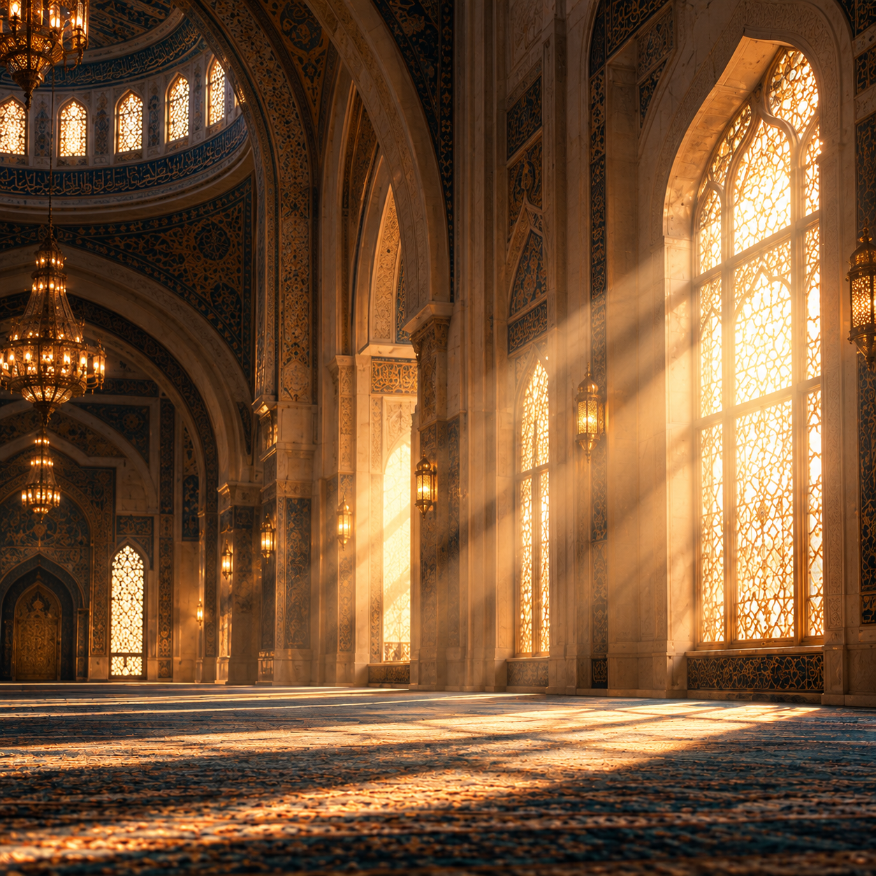 Sunlight streaming through the ornate windows of a mosque