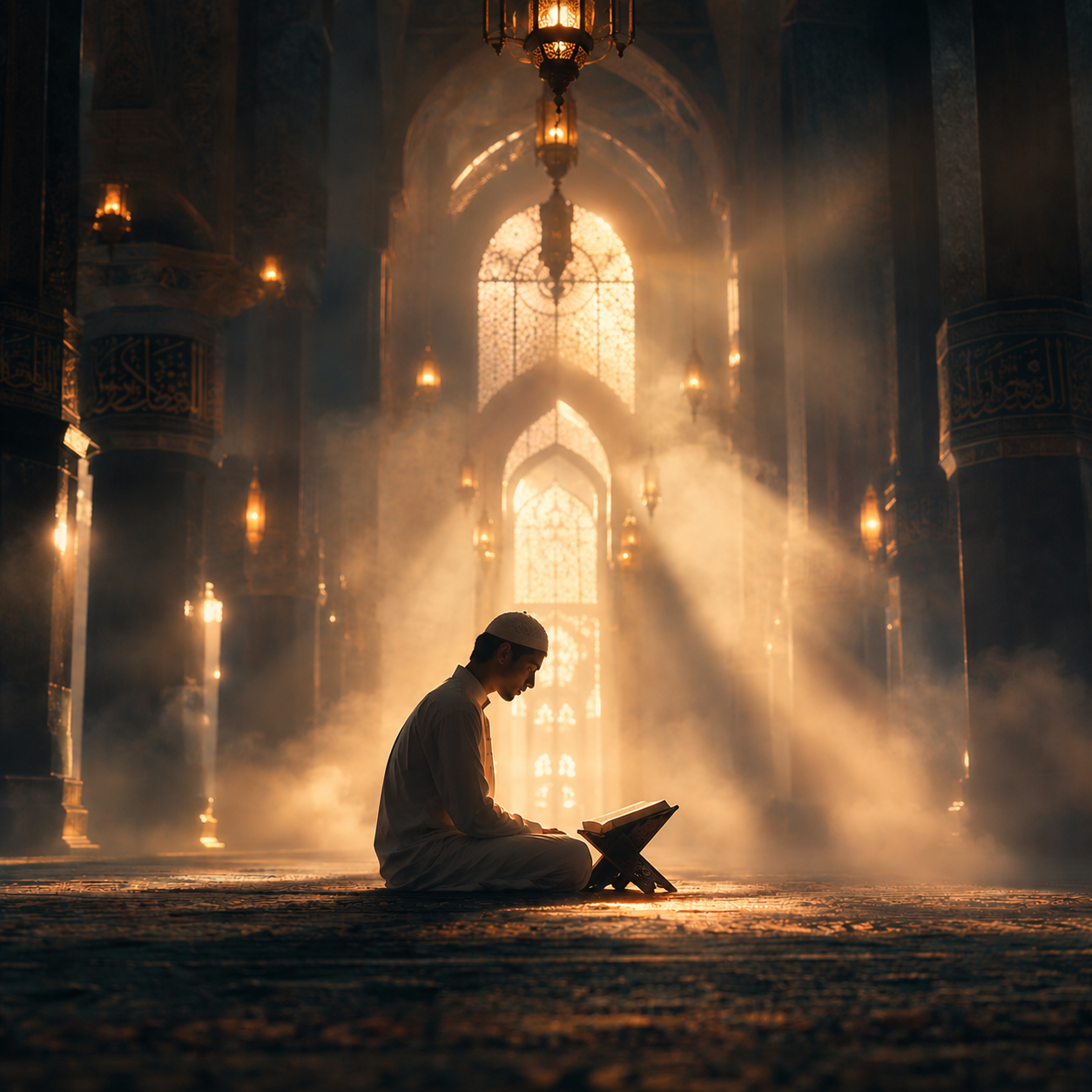 A student reading the Quran in a sunlit mosque